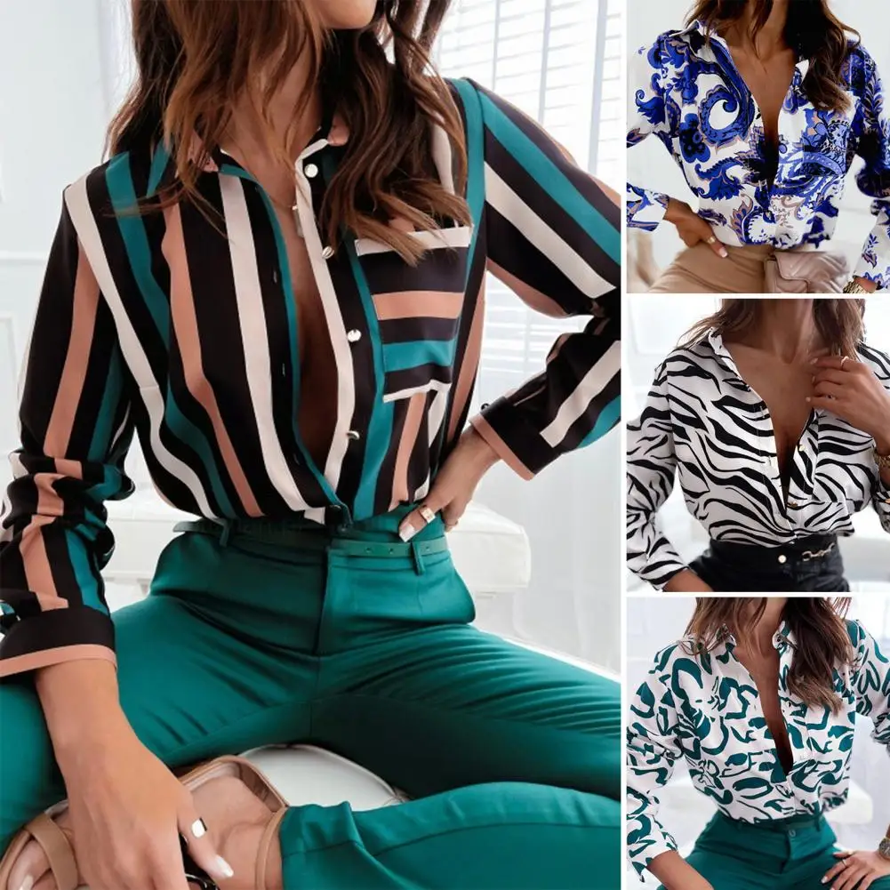 Ladies Shirt Single-breasted Long Sleeve Lapel Striped Print Cardigan Warm Casual Sexy Zebra Print Autumn Blouse Office Clothing