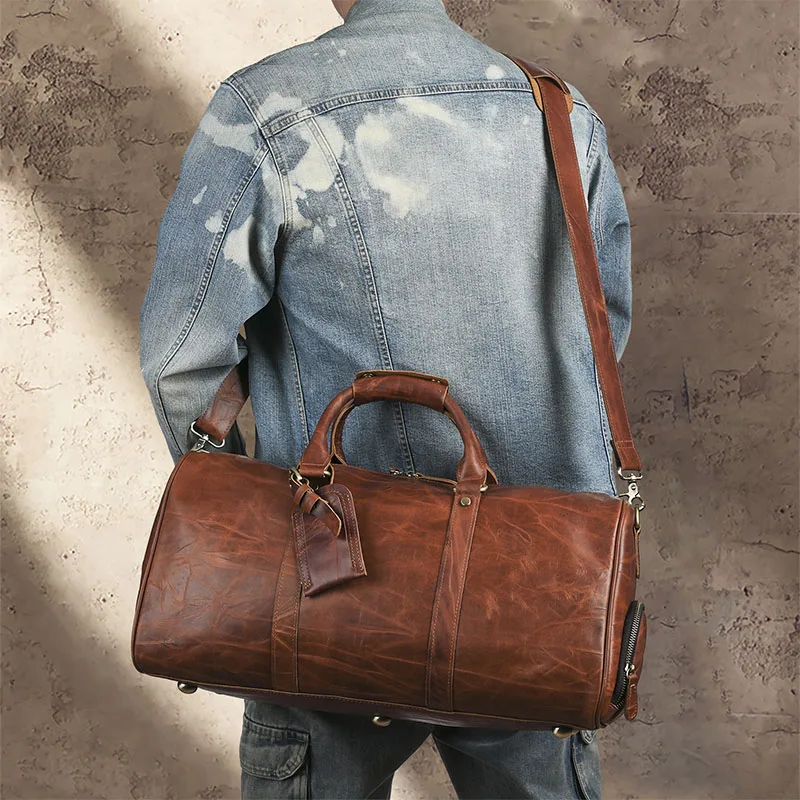 Genuine Leather Cowhide Travel Duffle Bag Men Weekender Overnight Bag Crossbody Shoulder Totes Portable Carry On Luggage Handbag