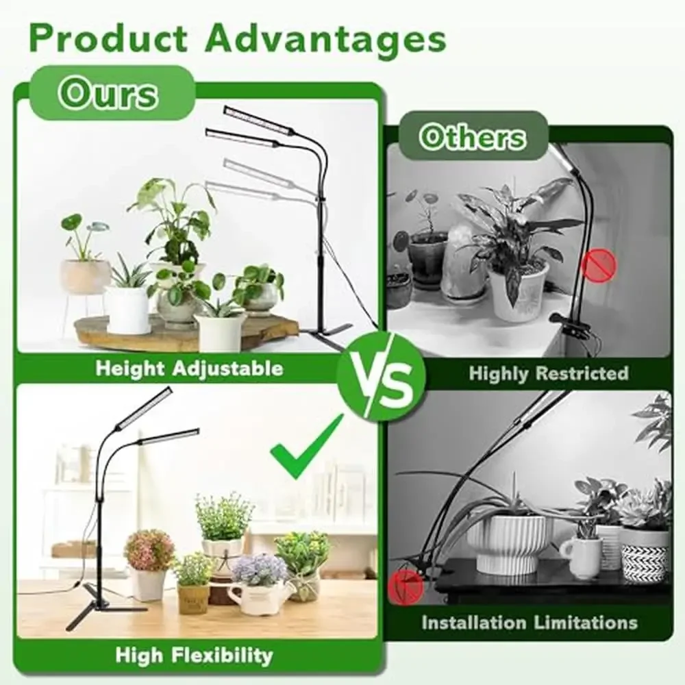 LED ثنائي الرأس معقوفة الطيف الكامل تنمو ضوء تخصيص الموقت و يعتم ارتفاع قابل للتعديل توفير المساحة مصباح نبات داخلي