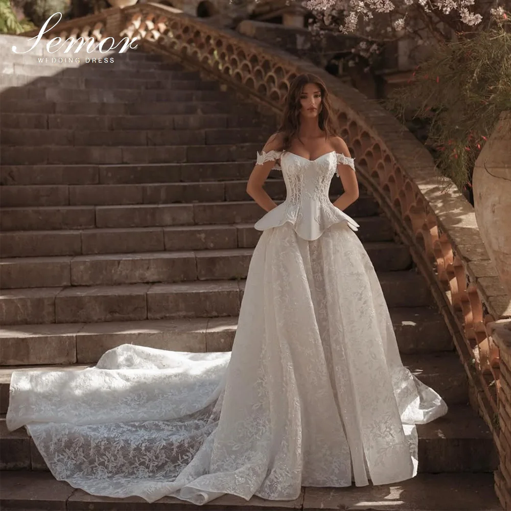 Semor Customized Exquisite Lace Princess Wedding Dress Off Shoulder Satin Corset Long Train A-Line Pleat Vestido De Novia 2026
