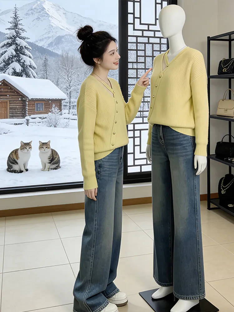 

Ele V-Ne Knitwear And Loose Jeans Two-Piece Set for Women Casual Sle Spring Faion High Waist Design Comfortable Fit