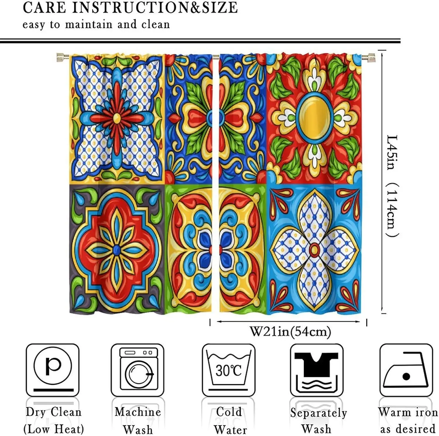 Mediterranean Talavera Tile Curtain 2 Panels Vibrant Floral Geometric Ceramic Print Window Drape Colorful Casual Home Decor
