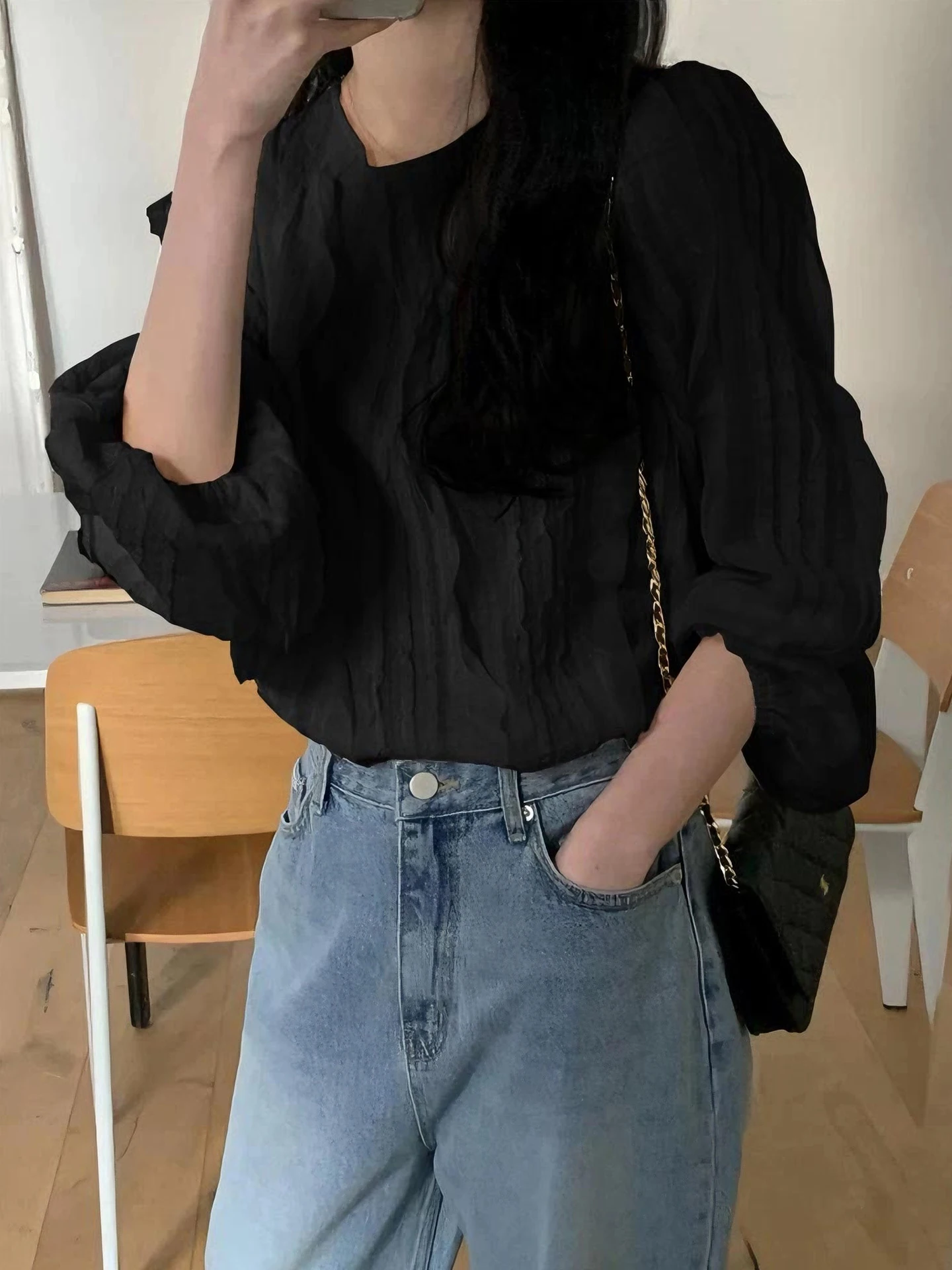 여성용 루즈 버블 스웨트 디자인 센스 스플라이싱 3D 우드 가을 신상 순색 다용도 탑