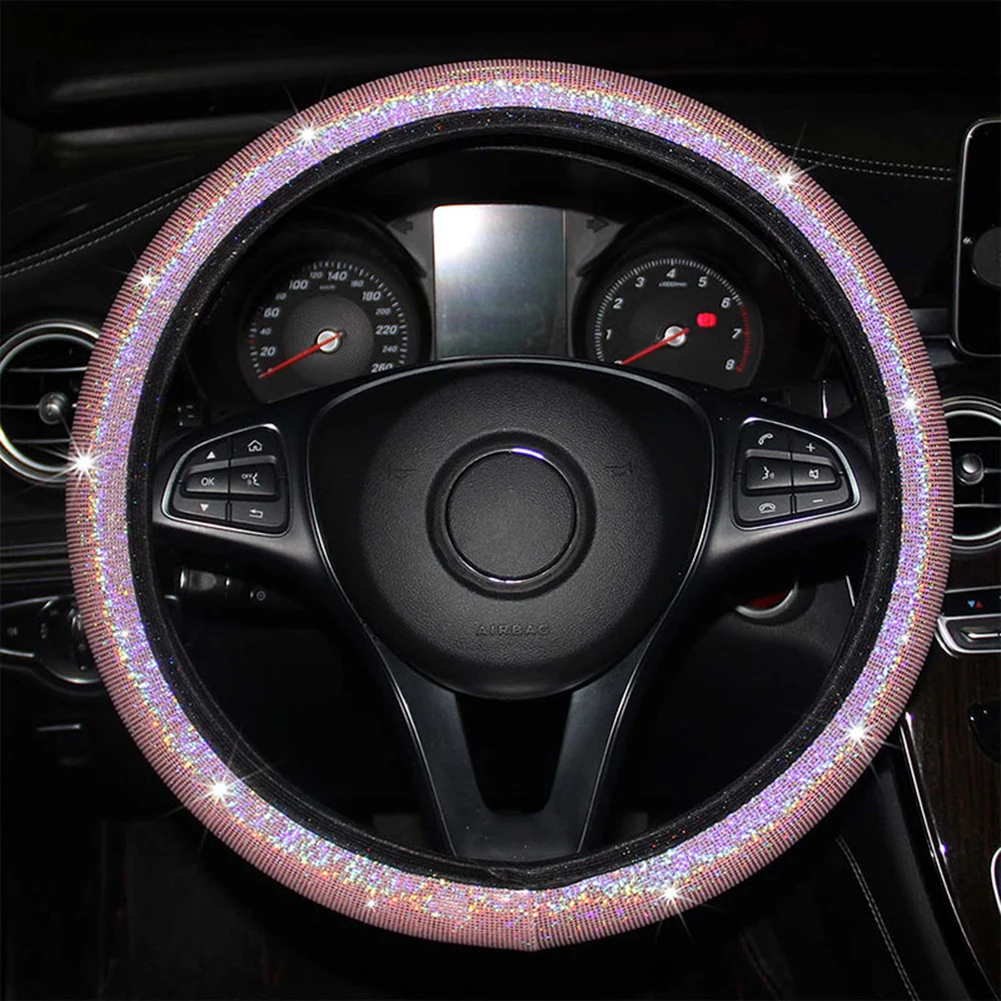 3Pcs Car Steering Wheel Cover Pink Bling Glitter Handbrake Gear Cover Auto Interior Steering Wheel Covers 37-38cm
