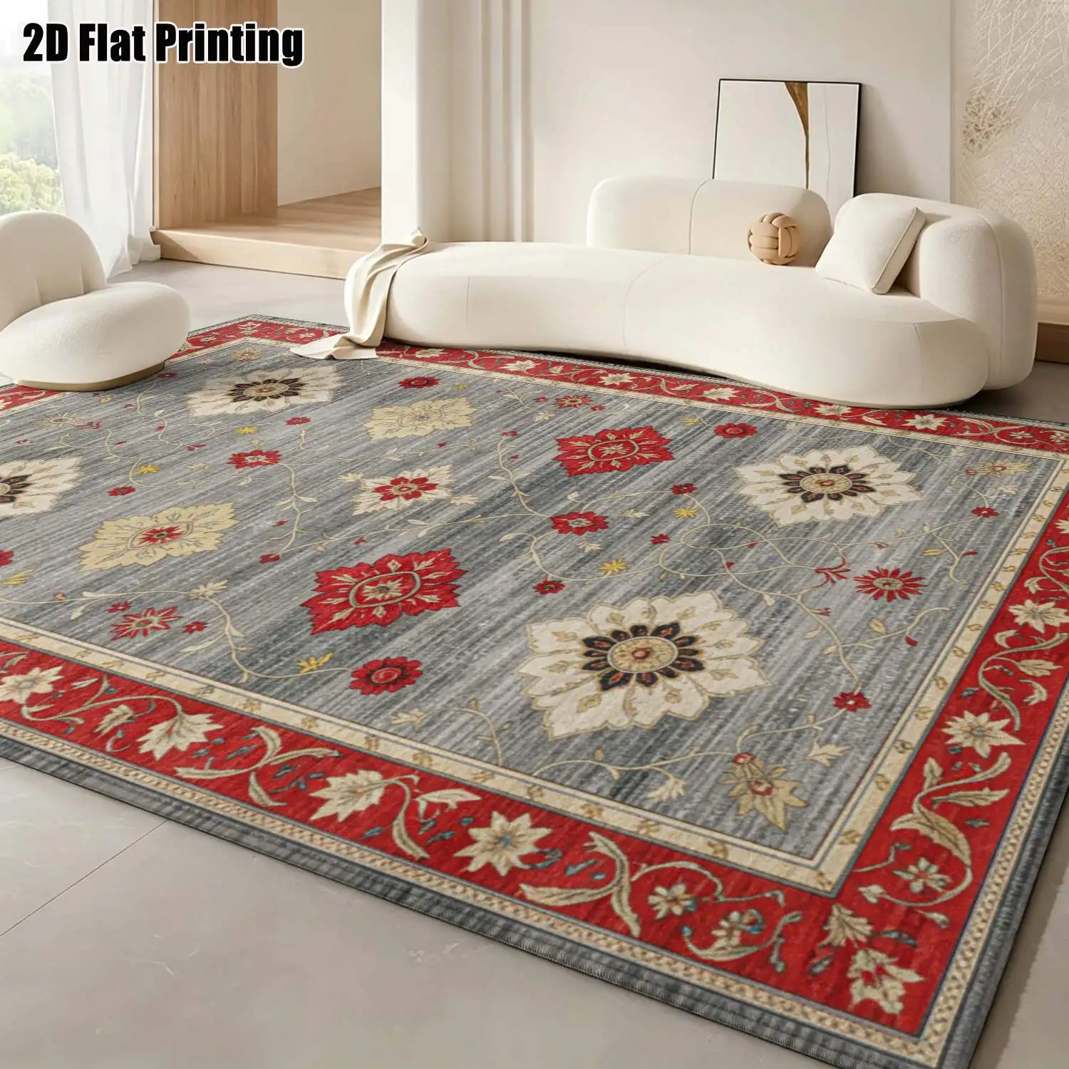 1Pc 2D Printed Carpet: Gray Base Red-Brown Floral, European Vintage Bohemian Style, Home Decor, Multiple Sizes, Machine Washable, for Entrance/Dining/Foyer/Study/Living/Bedroom