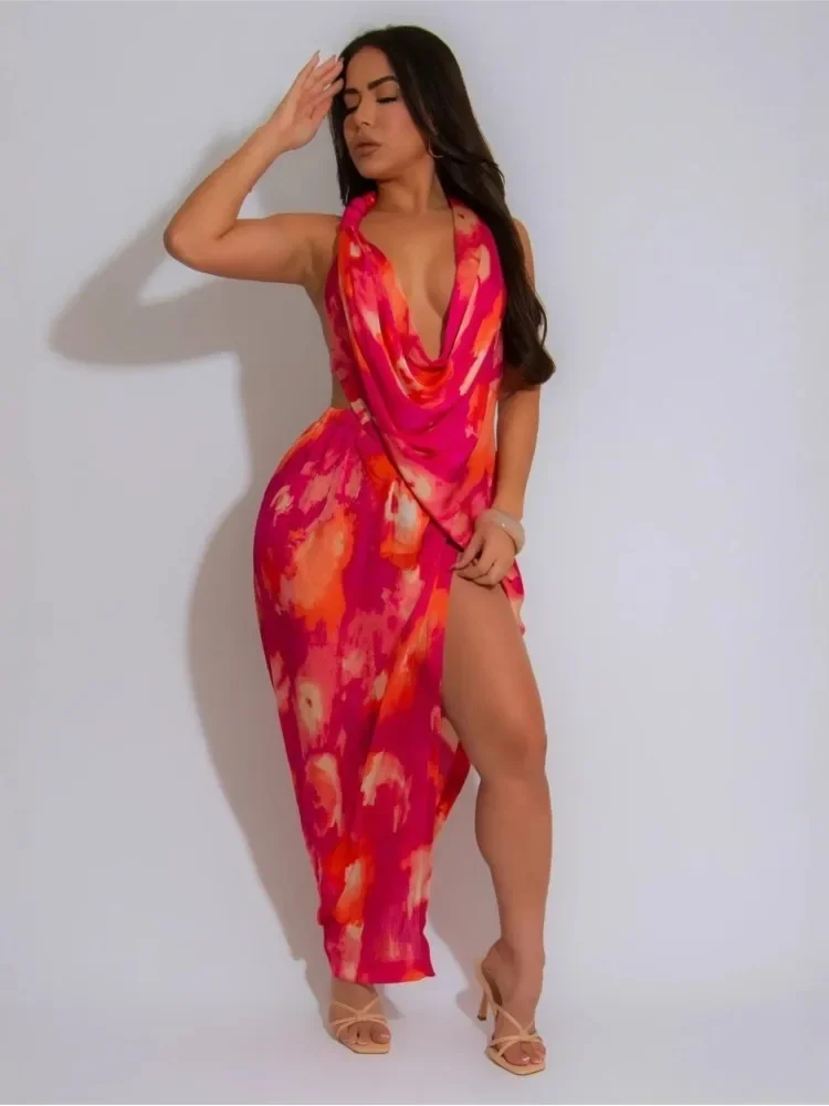 Été couverture Ups femmes maillot de bain Spaghetti sangle sans manches Robes maillot de bain 2025 nouvelle impression plage vacances Maxi Robes couverture