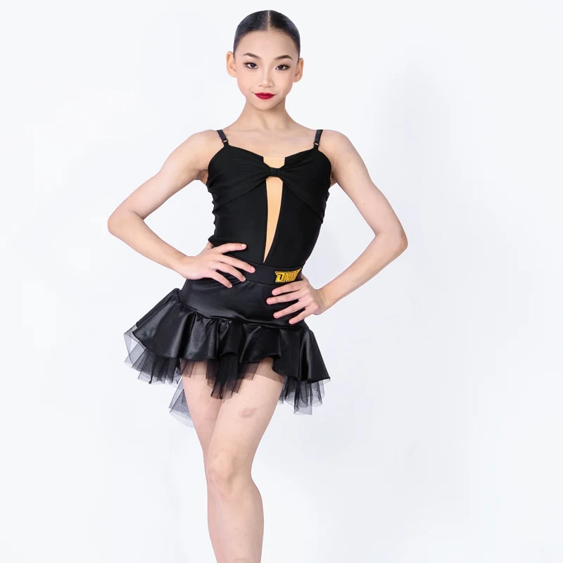 

High-Fashion Latin Dance Costume For Children Dancing Performance Clothes Girls Training Clothes Latin leather Skirt Suit XH2535