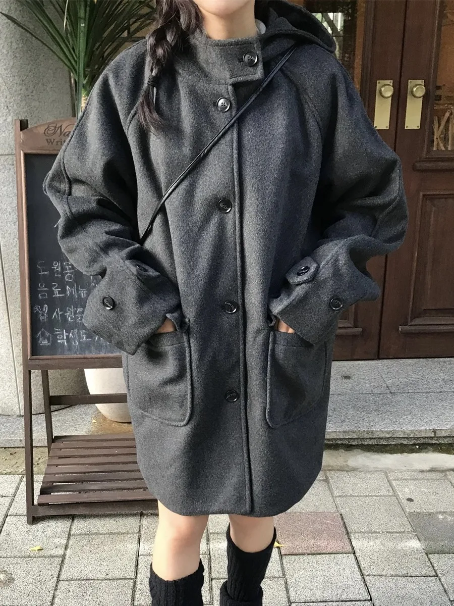 

Retro Japanese Sle College Coat Women's Winter Cotton Blend Woolen Jaet Hooded Medium Length Ladies Outerwear Coat