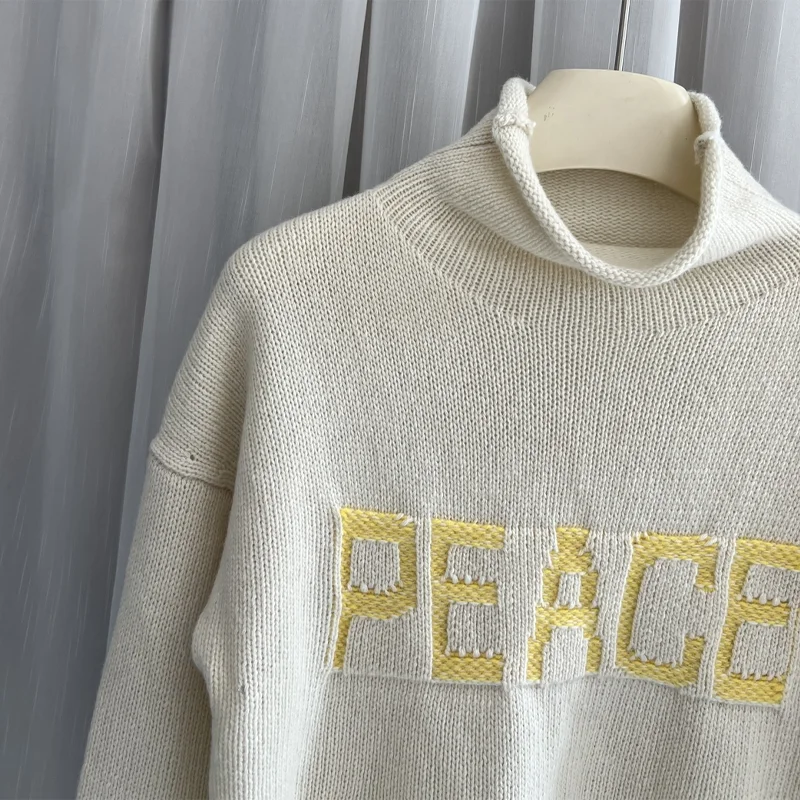 Zadig wełniany sweter damski z golfem latte sweter damski Casual Peace Letter swetry damskie haftowane kaszmirowe pulowerowe topy