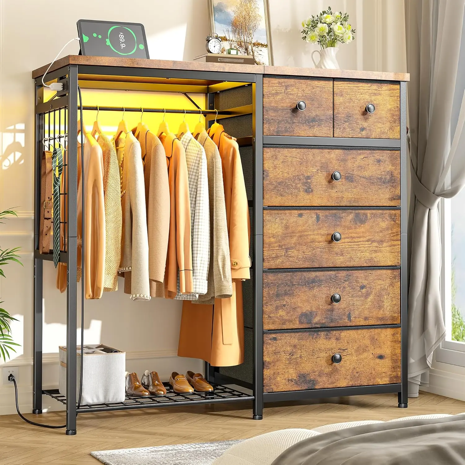 

Комод с вешалкой и 6 ящиками для спальни, двусторонний комод-трансформер 4-в-1 из ткани для гардероба с RGB-подсветкой