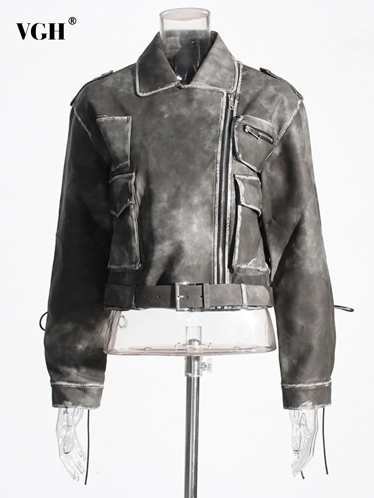 

VGH solid patchwork belt casual leather jackets for women lapel long sleeve spliced pockets streetwear short jacket female new