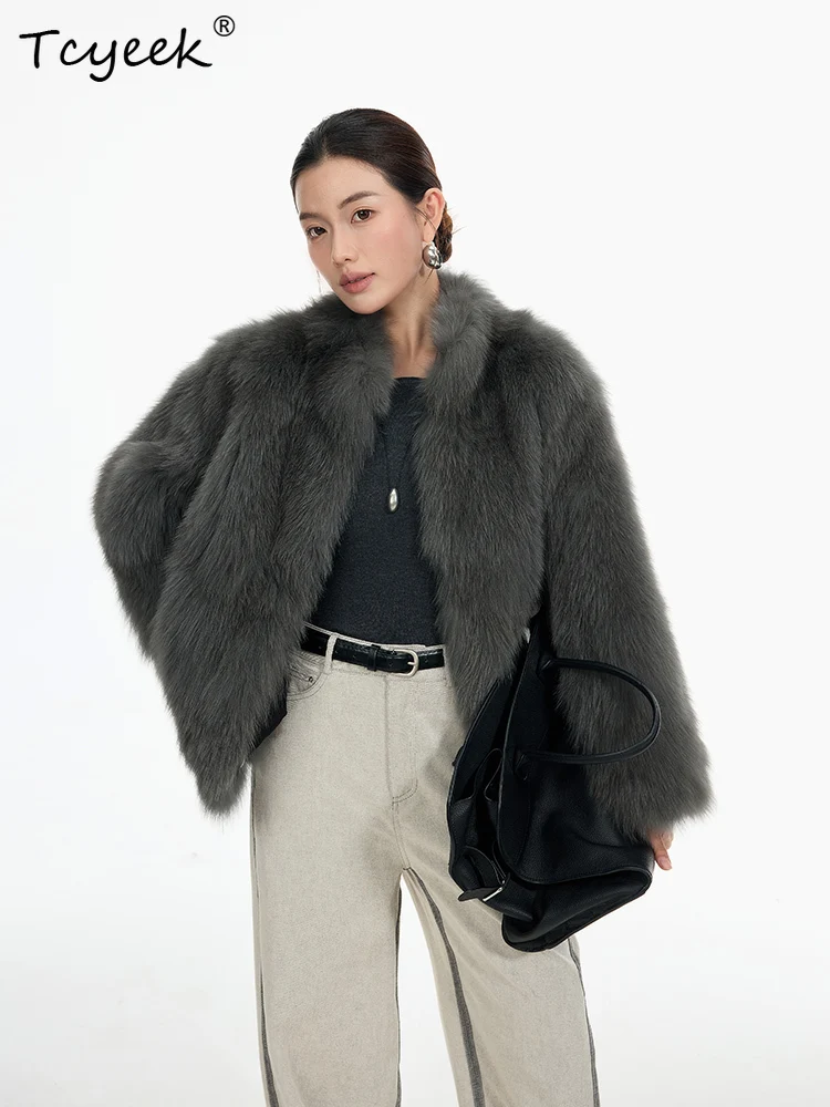 Tcyeek 리얼 울 가을 겨울 고급 트렌디 폭스 퍼 스탠드 칼라 솔리드 컬러 여성용 울 시어링 퍼 코트 여성용 모피 코트