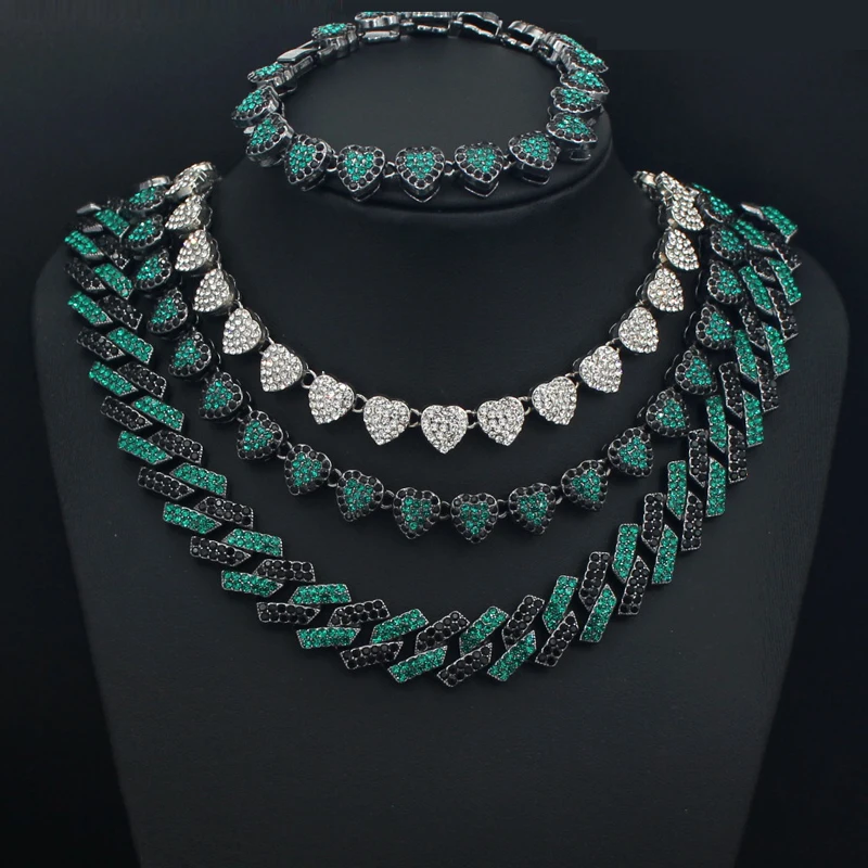 New Arrival Hip Hop Men Women Iced Out Chain Necklaces Clear Green Black Rhinestone Heart Necklace Fashion Jewelry Rappers Gifts