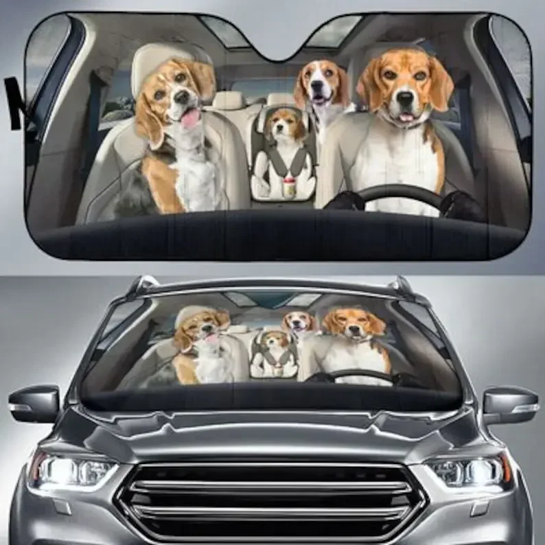 Beagle Family Funny Safe Driver Auto Sun Shade Car Accessories, Windshield Sunshade, Custom Animal Pattern Sunshade,