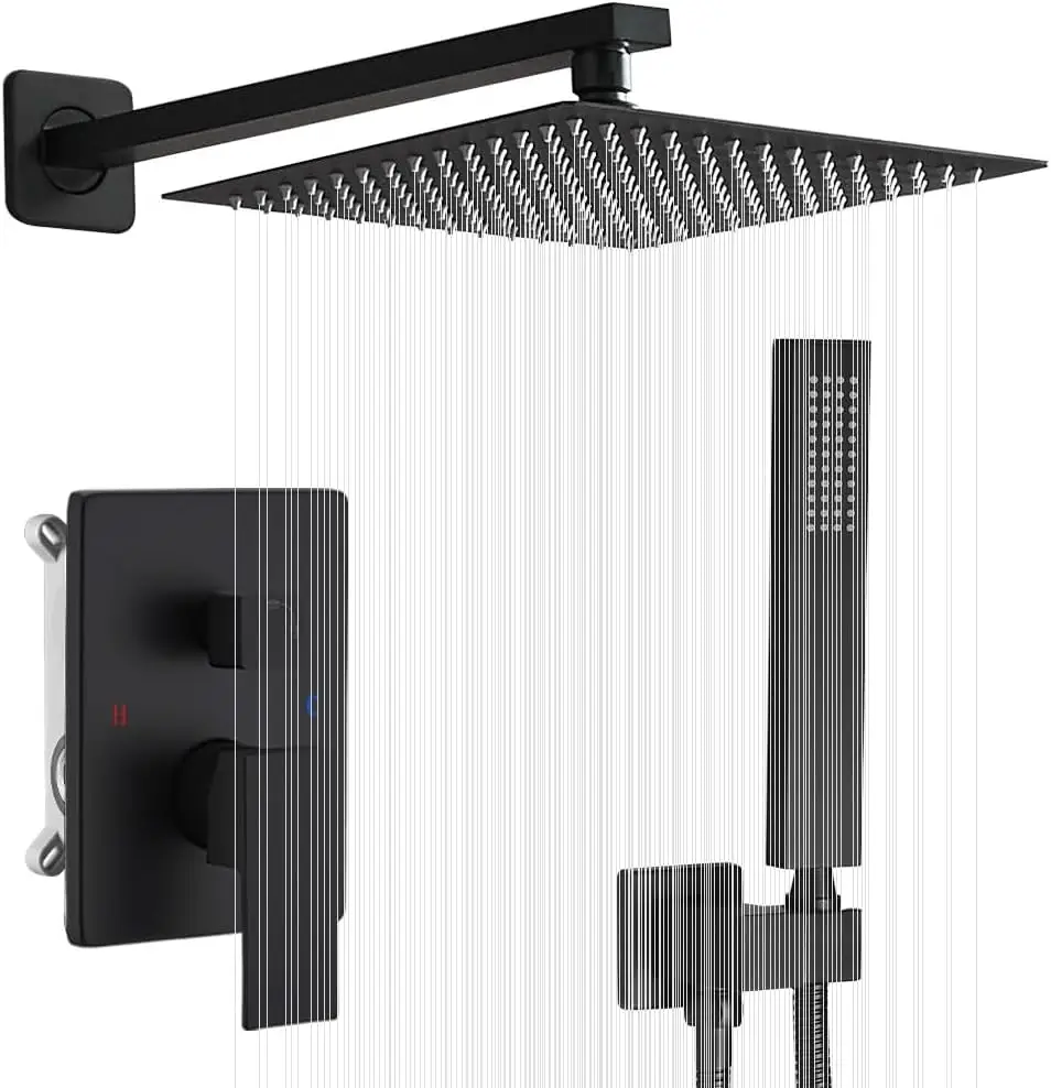 

Matte Black Shower System: 12 Inch Rain Mixer with Handheld, Wall Mounted Luxury Set