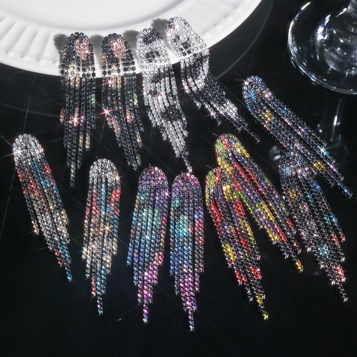 Rhinestone Tassel Earrings For Women Dress Colorful Fringe Prom Earrings Long Tassel Bling Crystal Dangle Drop Earrings