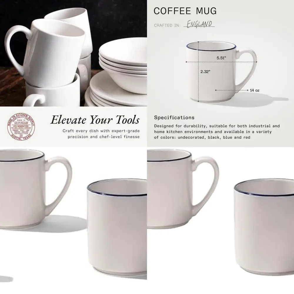 

4-Piece Porcelain Coffee Mug Set, 12 oz, White with Navy Trim, Made in England, Dishwasher and Microwave Safe
