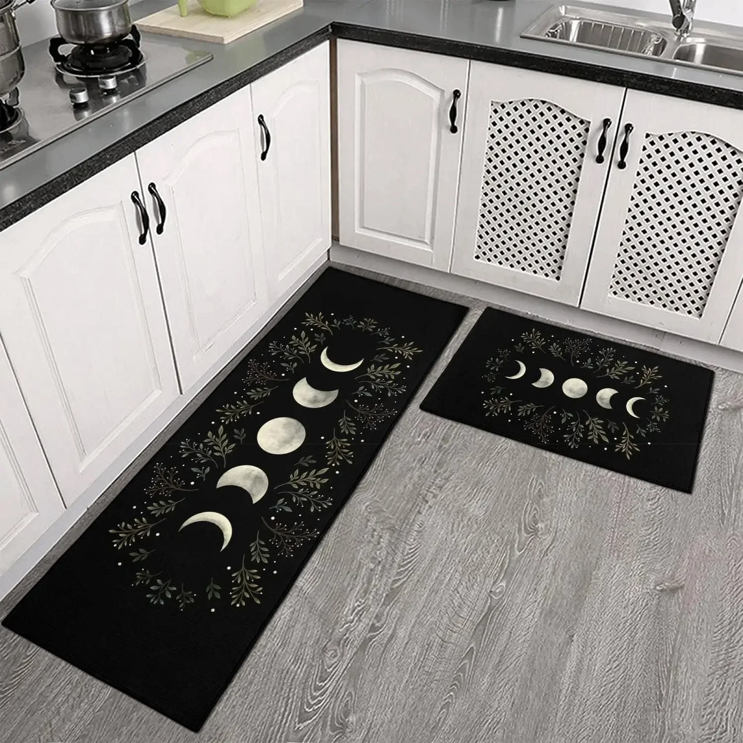 Kitchen Rug Black Gothic Witchy Moon Printed Floor Mat Anti-slip Long Strip Carpet for Bedroom Living Room Hallway Home Decor