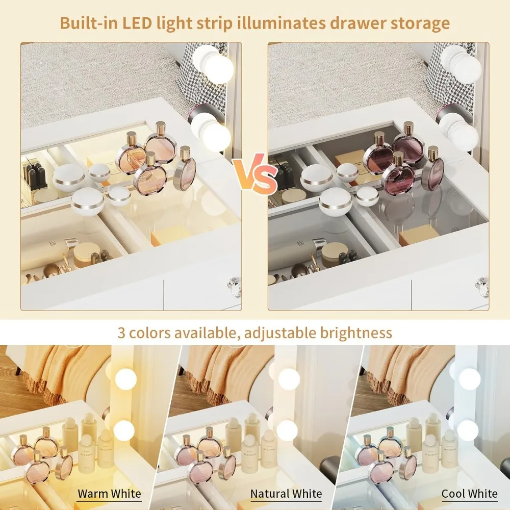 فانيتي مع مرآة مضاءة - مكتب مكياج زجاجي مع أضواء و11 درج، 3 أوضاع إضاءة قابلة للتعديل #4