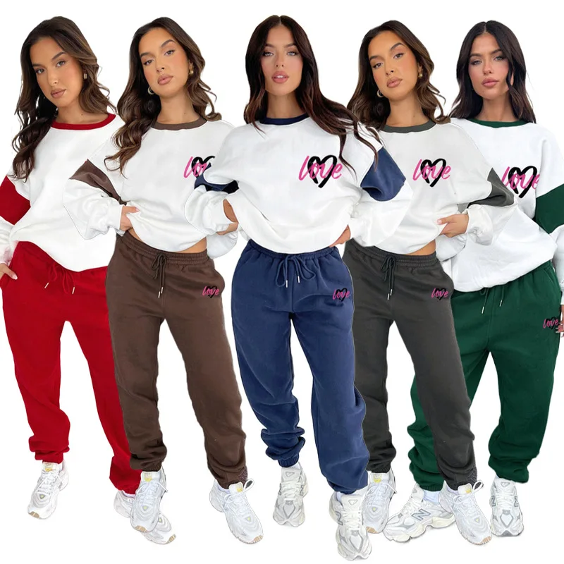 Novo outono e inverno impresso contraste cor sweatshirts para mulheres moda casual calças definir mangas compridas duas peças terno