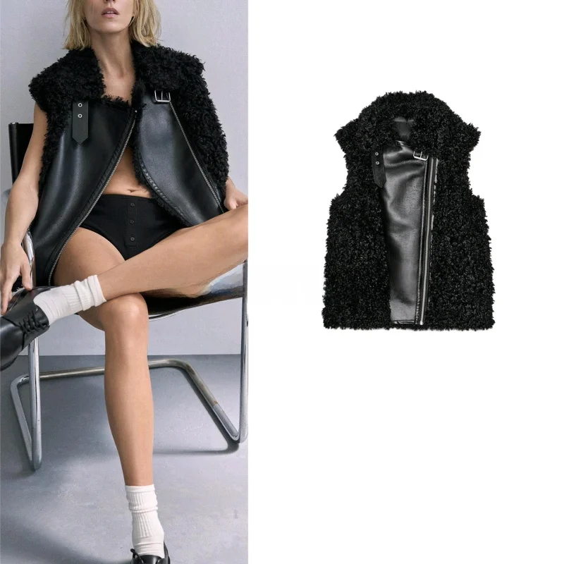 

Fall New Women's Design Metal Buckle Sleeveless Double-sided Vest Collar Zipper Closure Color Polyester Fiber
