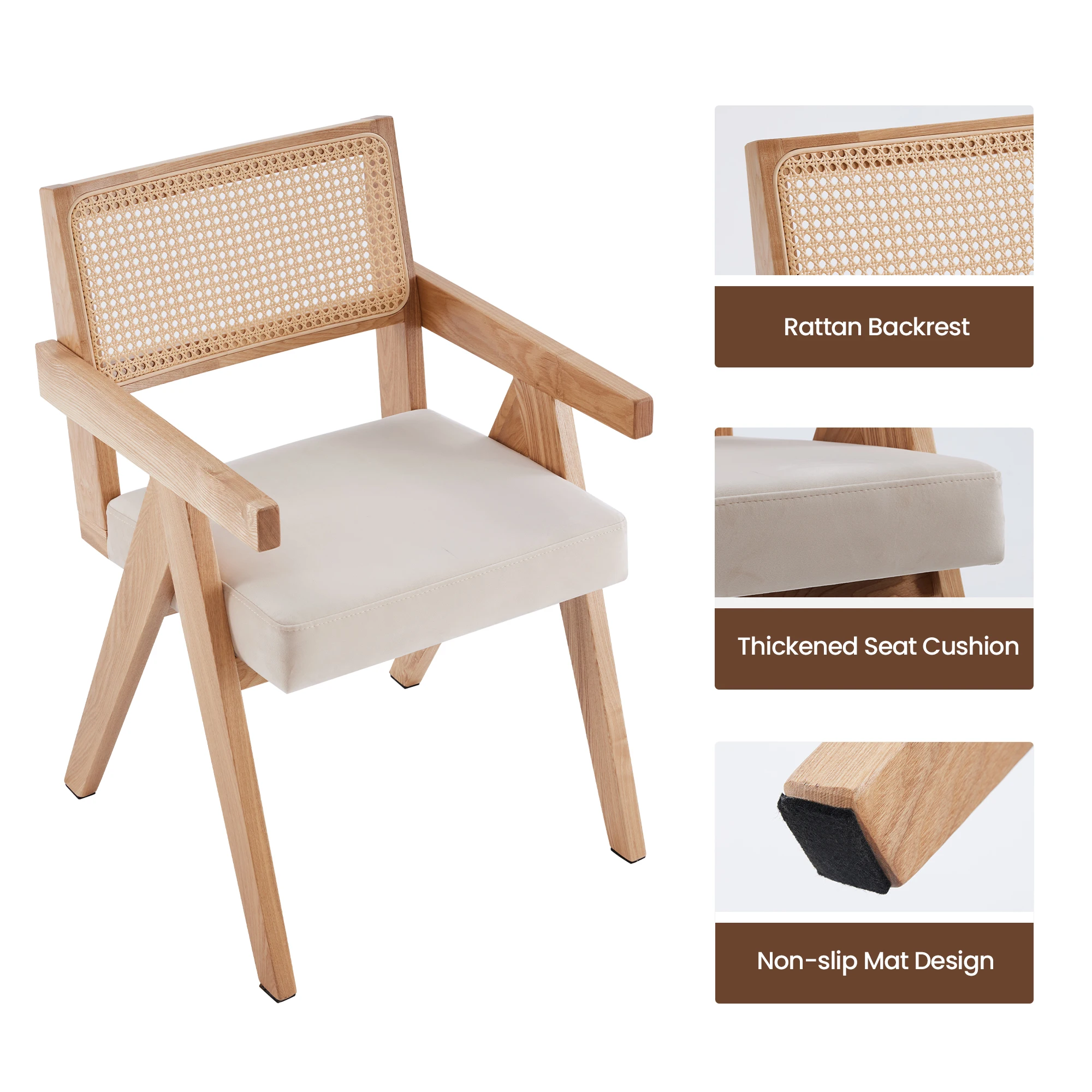 Set of 2 Mid-Century Rattan Dining Chair, Solid Ash Wood Frame, Woven Rattan Back, High-Resilience Foam, Non-Slip Pads view 3