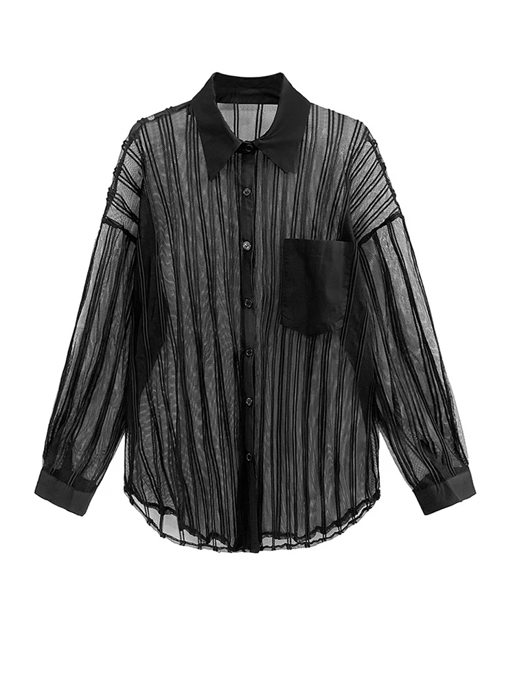[EAM] Women Black Mesh Perspective Big Size Thin Blouse New Lapel Long Sleeve Loose Fit Shirt Fashion Spring Autumn 2024 1DE9939