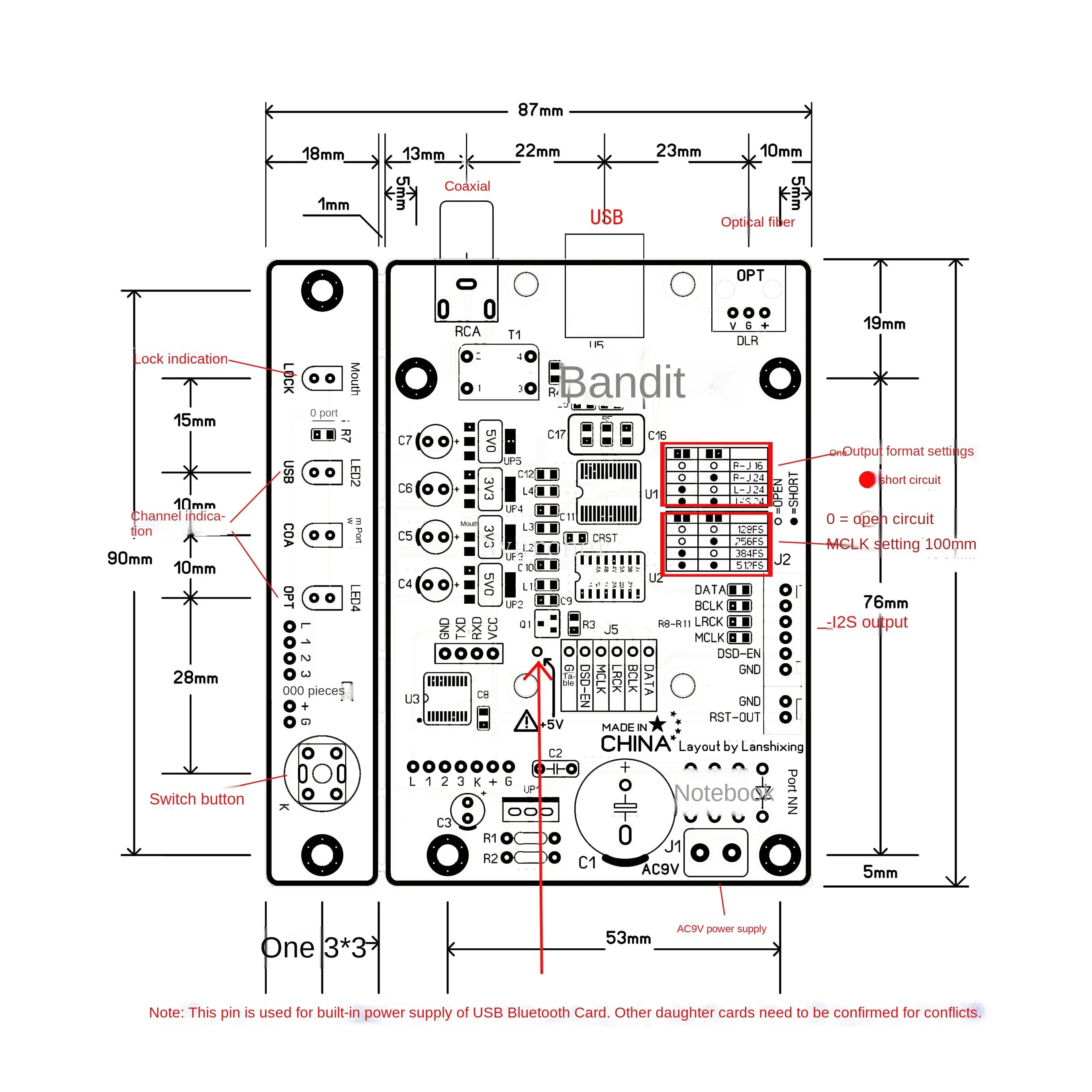 Nvarcher DIR9001 coaxial fiber receiving spdif to I2S support USB bluetooth card bit 96K/24