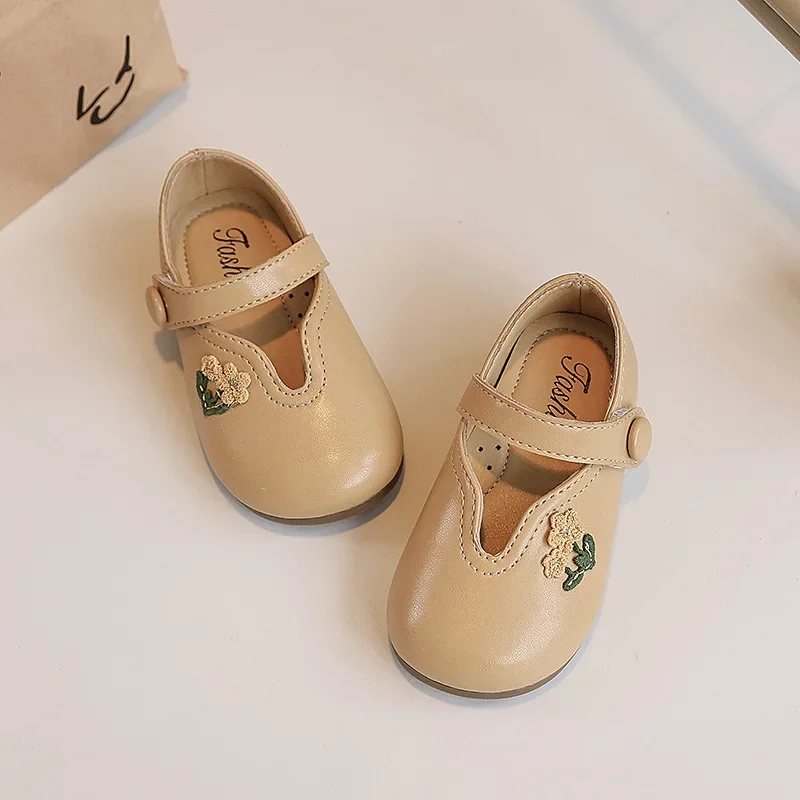 

Children Leather Shoes for Girls 2025 Spring New Fashion French Style Elegant Embroidery Retro Round Toe Princess Single Shoes
