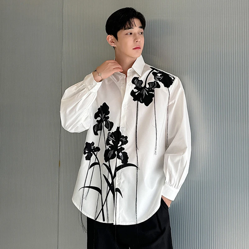 IEFB Chinese Style New Fashion Male Shirt Ink Painting Printed Tassel Embroidery Long-sleeved Shirts 2024 Floral Top 9C7135