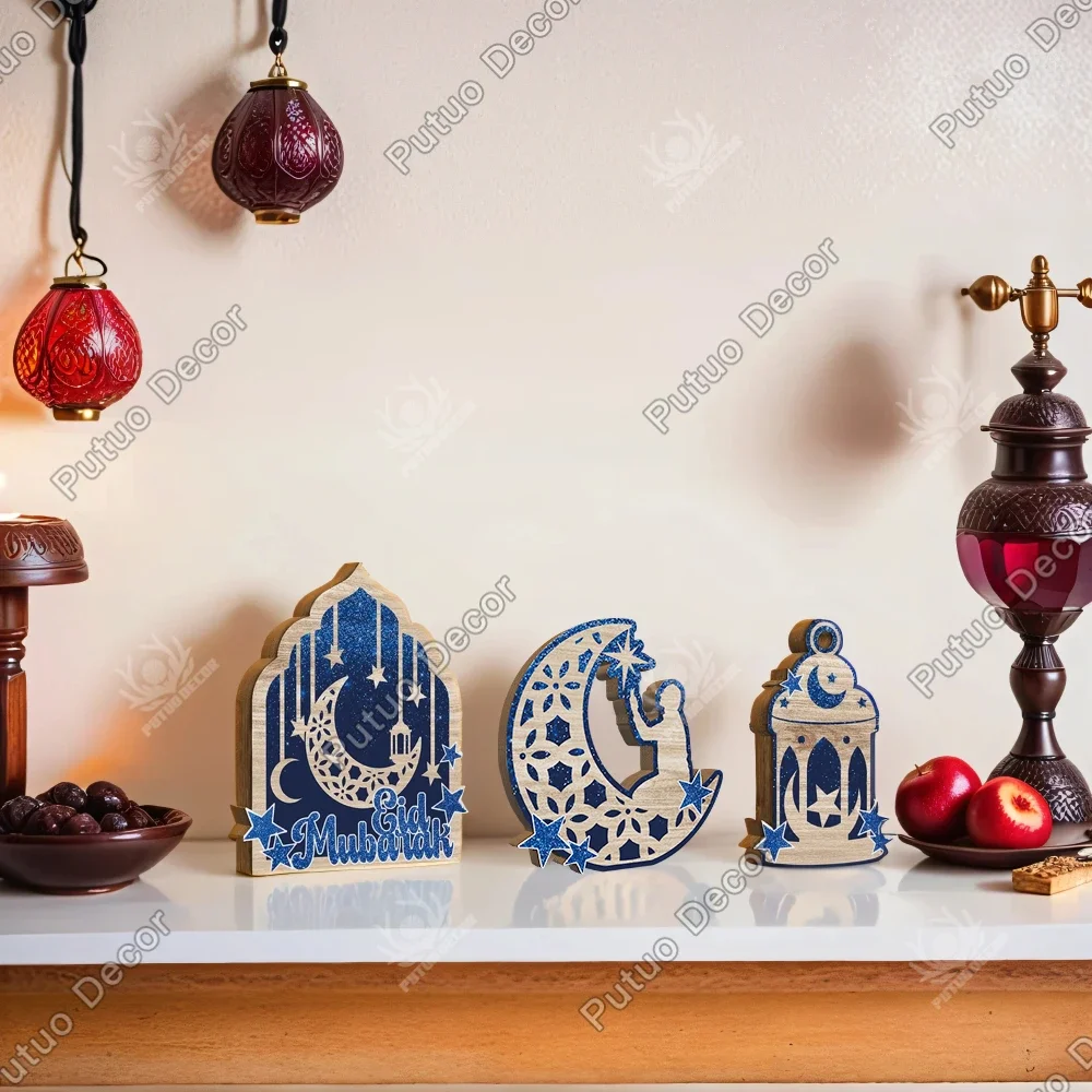 

Putuo Decor 1pc Eid Mubaiak Moon Dallah Wooden Sign Table Decor, Desktop Decoration for Home Kitchen, Ramadan Gifts