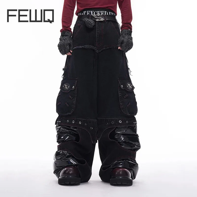 FEWQ Hosen Bein Spleißen PU Leder Männer Jeans Herbst Winter Gerade Beine 2024 Darkwear Korea Mode Männliche Hosen 24E5611