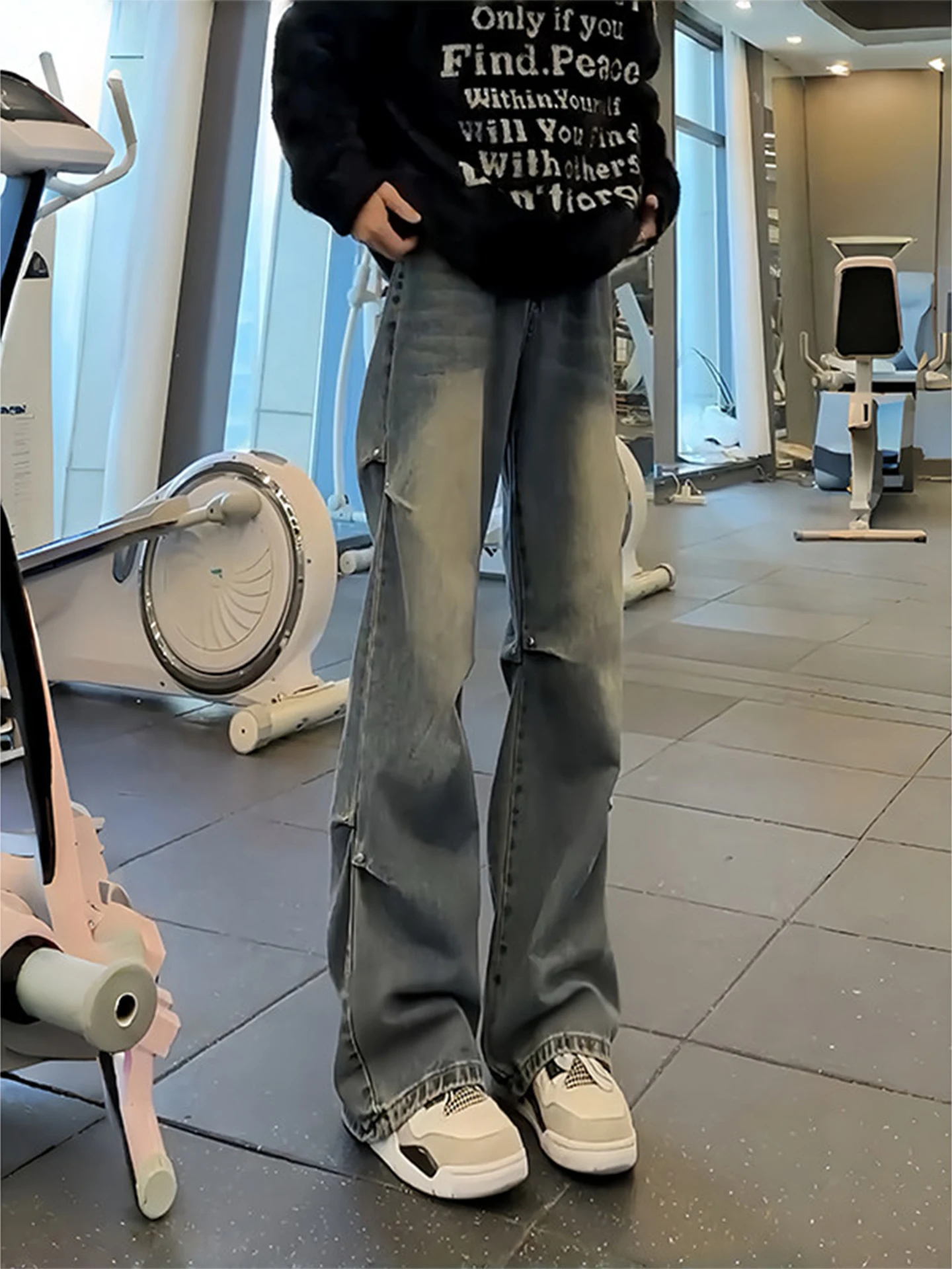 

Мужские джинсы Cleanfit Vintage Blue Pleated Knife: прямые брюки с микро-клешем, с заклепками, в стиле High Street, рабочая одежда