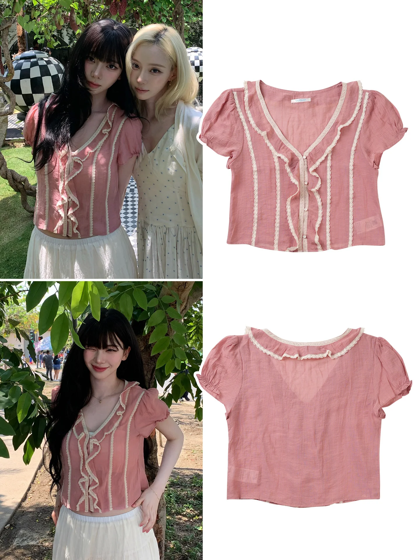

Karina Short Sleeve V-Neck Lace Patchwork Ruffle Hem Sweet Korean Style Women's Shirt Top Breathable Skin-Friendly Summer Fas...