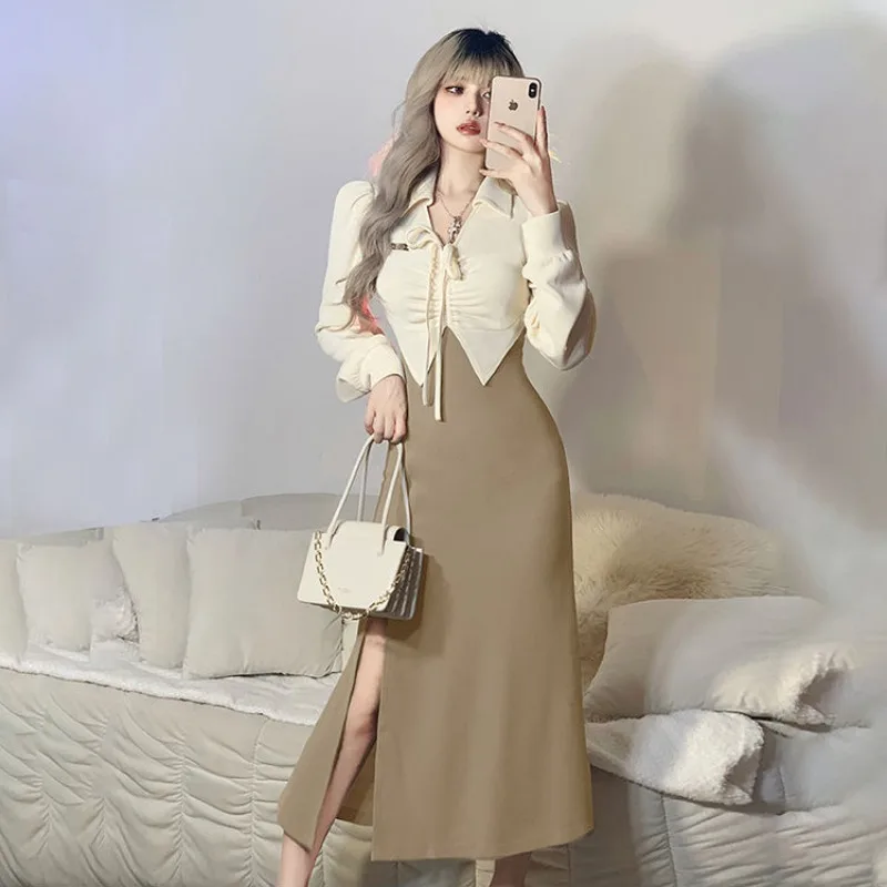 Long Sleeve Dresses French Women Chic Fake Two Piece Casual Slim Shirring Trendy Turn-down Collar Side-slit Midi Dress Lace-up