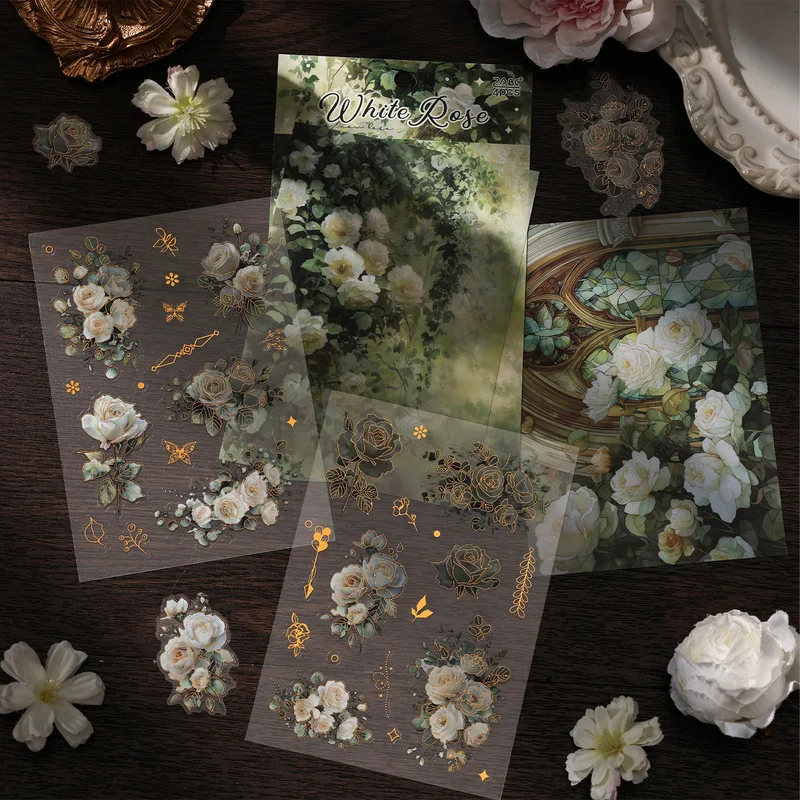 1pack/4pcs Romantic Retro Oil Painting Floral Stickers, Premium Flower Pattern Student Stationery Decor