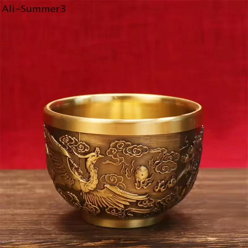 Szczęśliwy Feniks Cylinder Ozdobny Tradycyjny Ręcznie Rzeźbiony Mosiężny Kubek do Picia Czysty Mosiądz Mosiężna Miska Feng Shui Ozdoba Przynosząca Szczęście