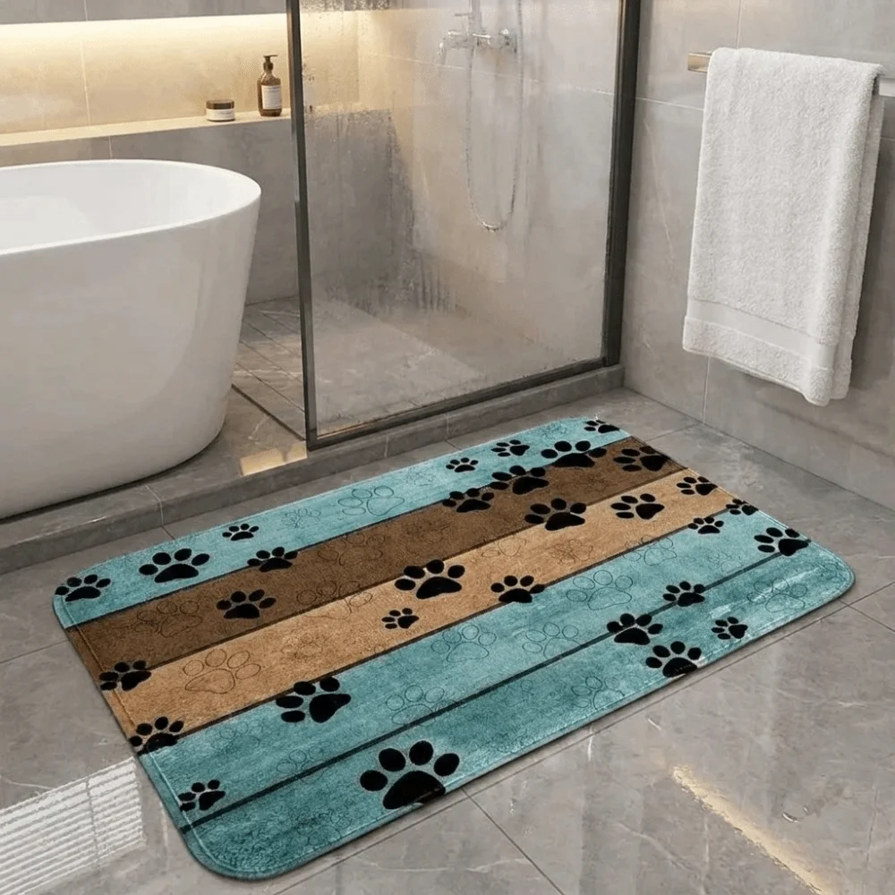 Cute Quick Drying Paw Print Doormat Waterproof Dirt Resistant Pet Feeding Mat Thicken Decorative Non-Slip Floor Mat Entrance