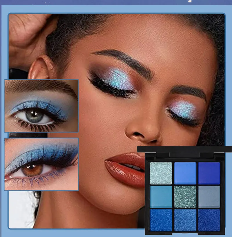 9-Farben-Lidschatten-Palette, blau, wasserdicht, schweißfest, blau, matt, Perlen-Glitzer-Finish, Performance, Bühnen-Make-up, Musikfestival – Detail 3