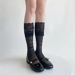 Ultra-thin Transparent Long Socks Stockings Women JK Lolita Sweet Girls Ruffle Socks Sexy Lace Mesh Fishnet Stockings Knee Socks