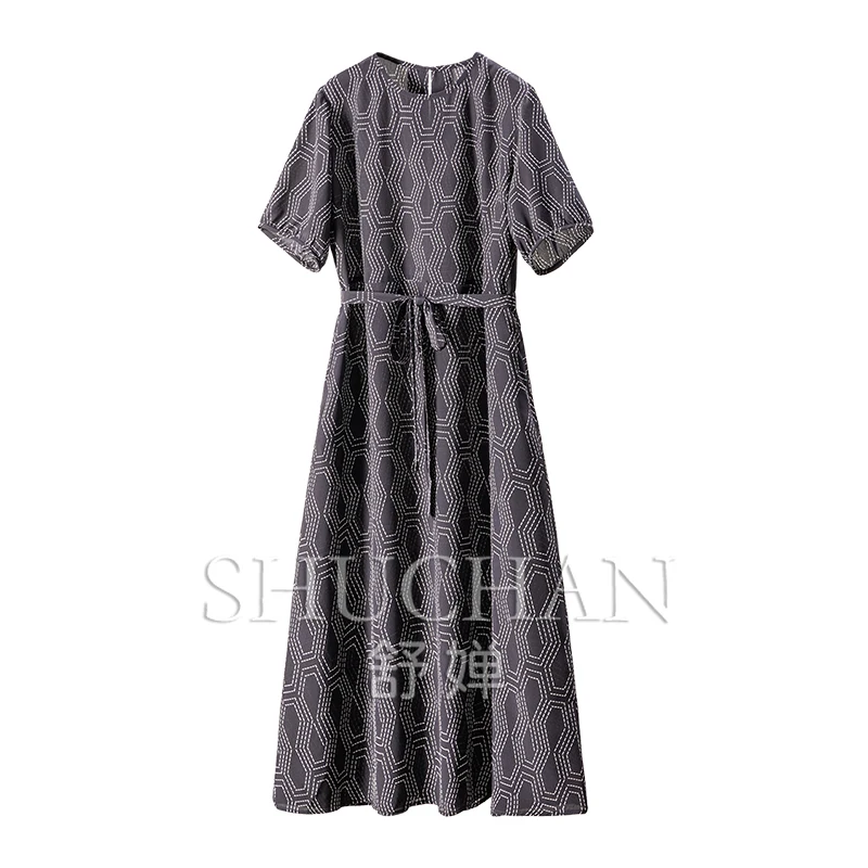 

Summer Dresses Women Crepe De Chine Luxury Brand Geometric Printing Silk Waist Short-sleeved Dress Women's 0Y67
