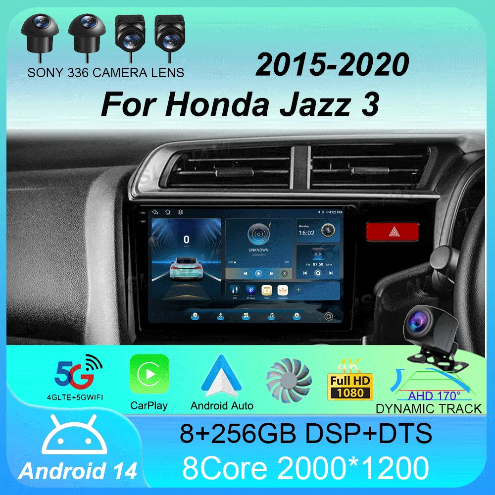 راديو السيارة أندرويد 14 Carplay لهوندا جاز 3 2015-2020 صالح 3 GP GK 2013-2020 RHD مشغل فيديو الوسائط المتعددة ستيريو نظام تحديد المواقع رئيس وحدة