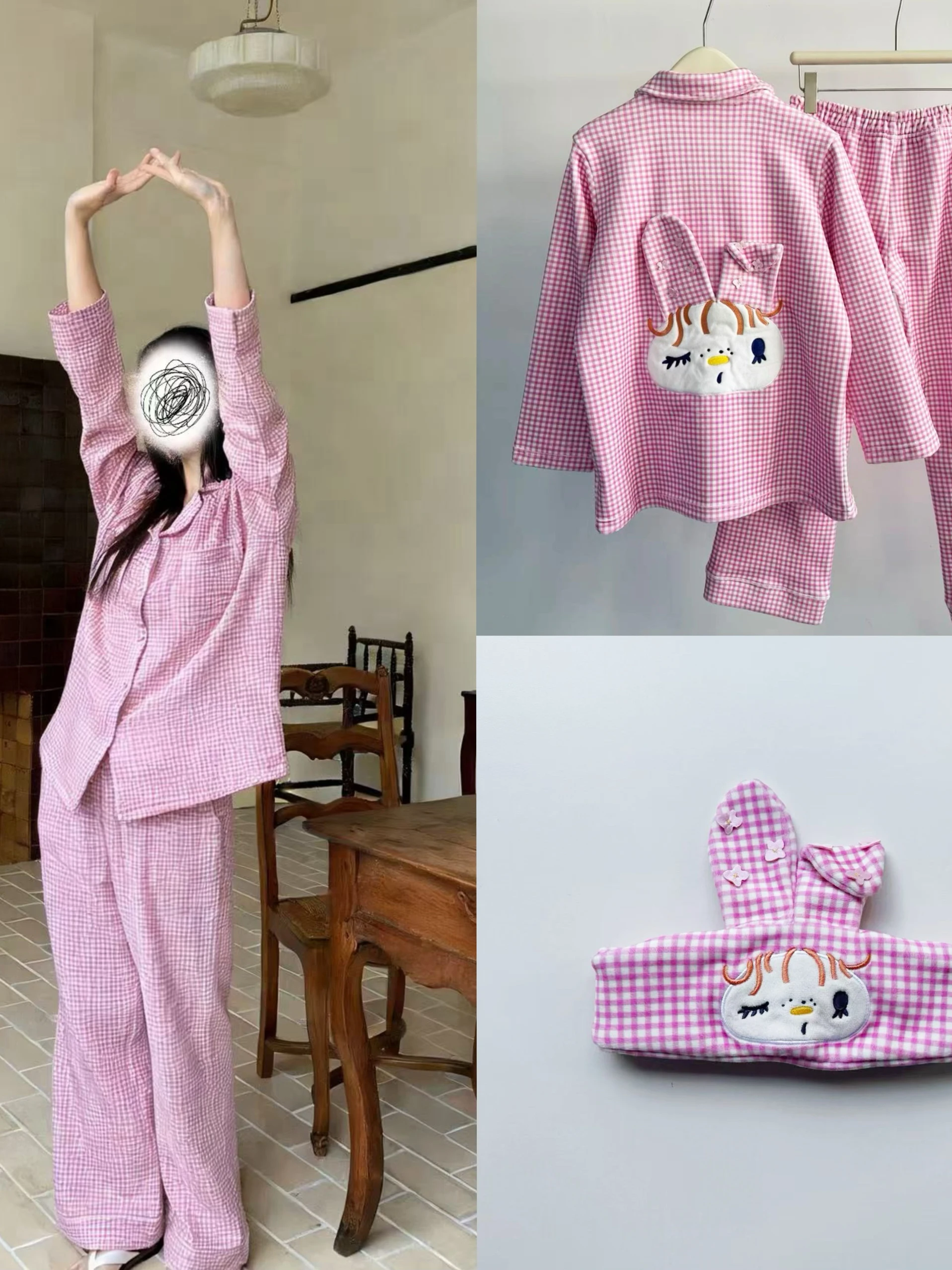 Cartoon Meow  Pink Plaid Pajamas Set Youth Women's Long Sleeve Cotton Sleepwear Home Clothes Outwear Suitable for All Seasons