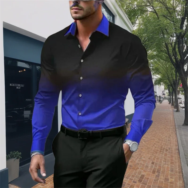 2024 Men's Striped Long Sleeve Shirt Men's Casual All-match Fashion Street Men's Shirt Lapel Single-breasted Long Sleeve Top