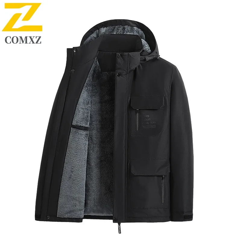 

COMXZ Middle Aged Dad Winter Fleece Lined Hiking Thicken Cotton Coat Men Windproof Hooded Long Loose Fit Warm Thermal Outerwear