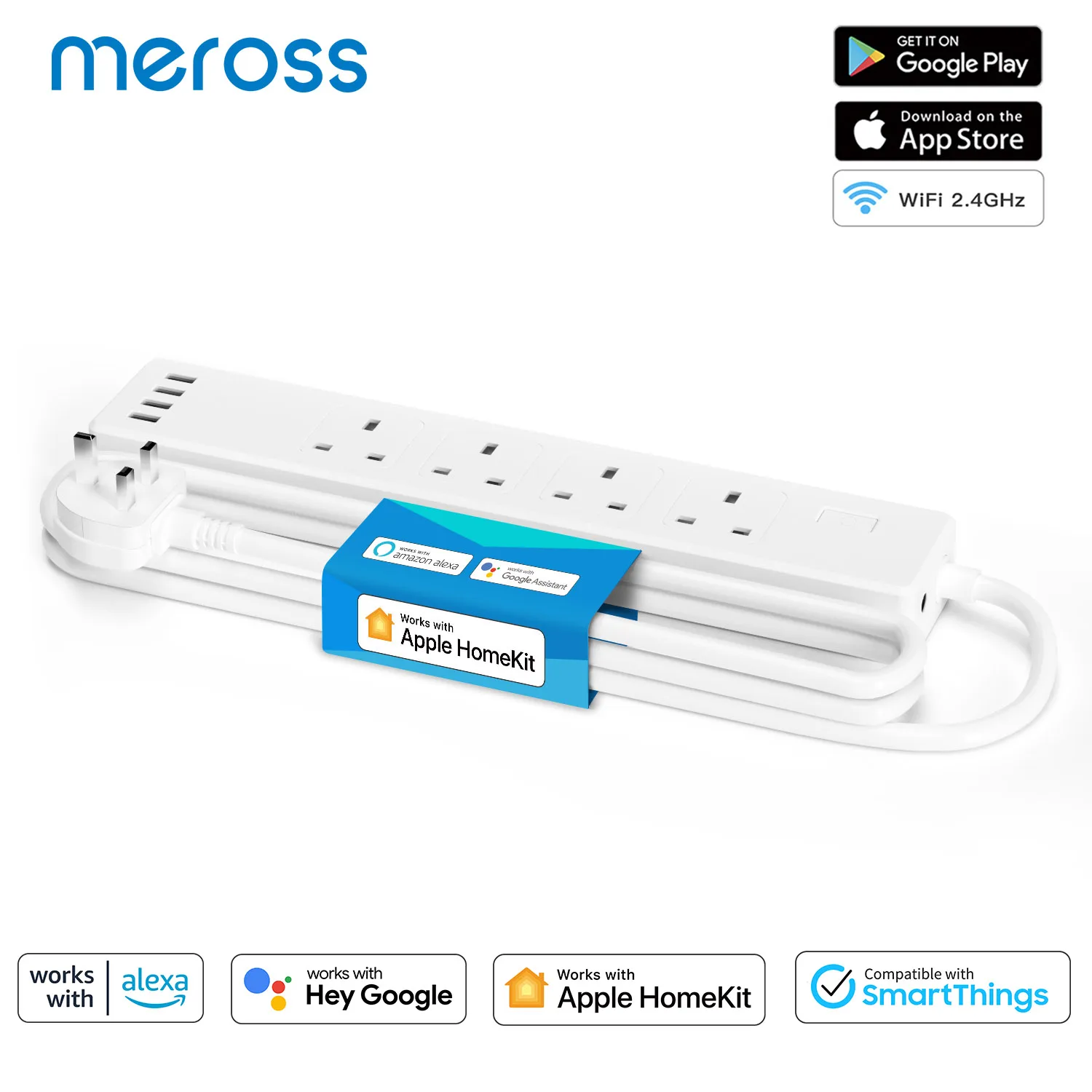 

Meross HomeKit Smart Power Strip WiFi Multi Plug Extension UK Outlet with 4 Sockets 4 USB Work with Alexa Google SmartThings