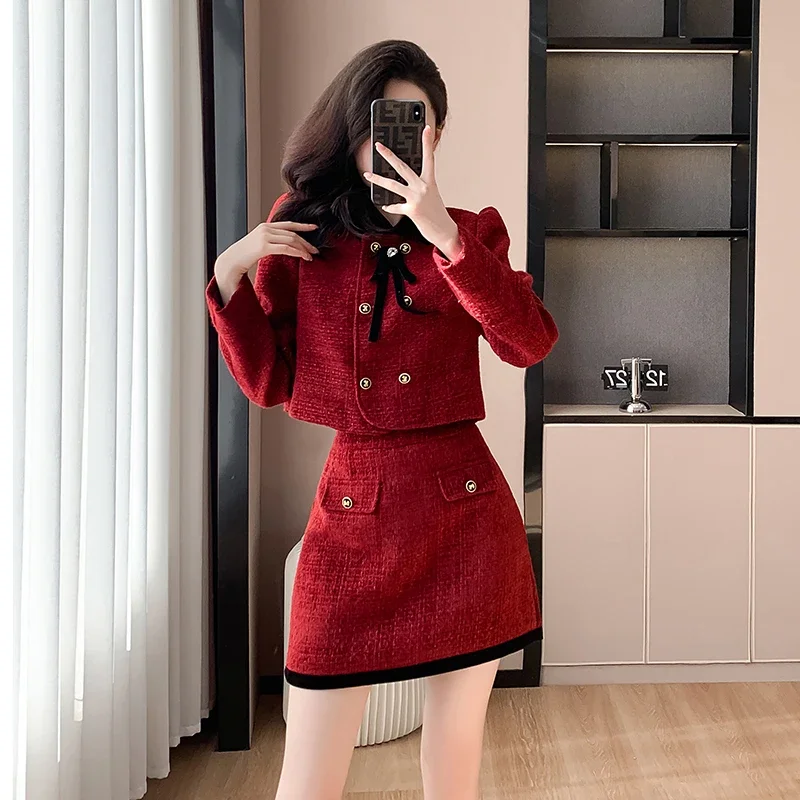 Actual Photo: French-style Red Classic-inspired Suit Set for Women, Autumn Winter 2024 New Elegant Bow Mini Skirt Two-piece Set