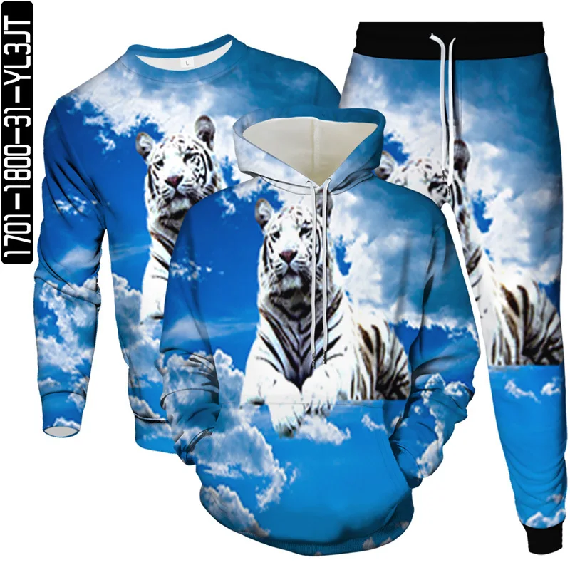

Men Fashion Hoodie Sweatshirt Pants 3pcs Set Large Size 5XL 6XL Clothes Suit Animal Tiger Printing Male Outdoor Casual Tracksuit