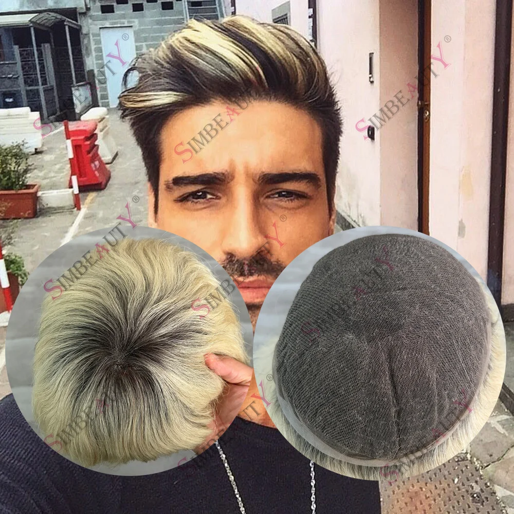 

1bt613 # Новое мужское париковое покрытие Ombre Blonde с полным французским кружевом, система из натуральных человеческих волос, имитация естественной линии роста волос, капиллярная протезная система, накладки для седых волос