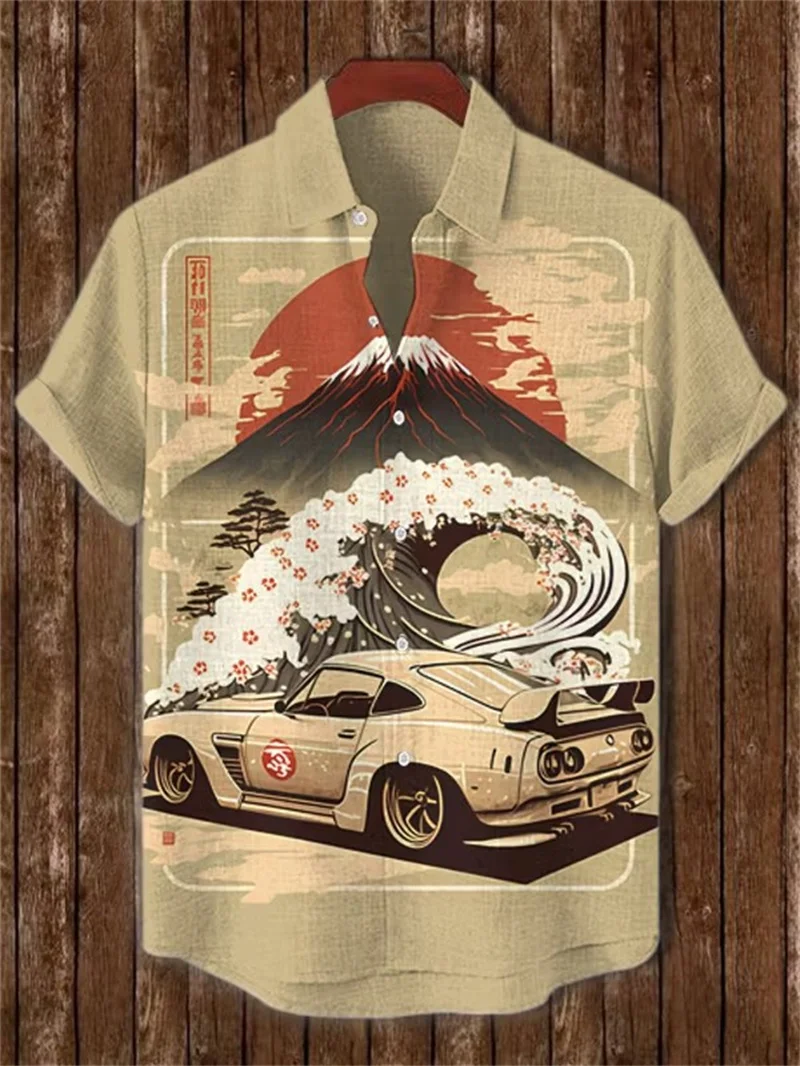 New dark Japanese shirt with red and white demon wolf round moon print, trendy loose collar short sleeved shirt